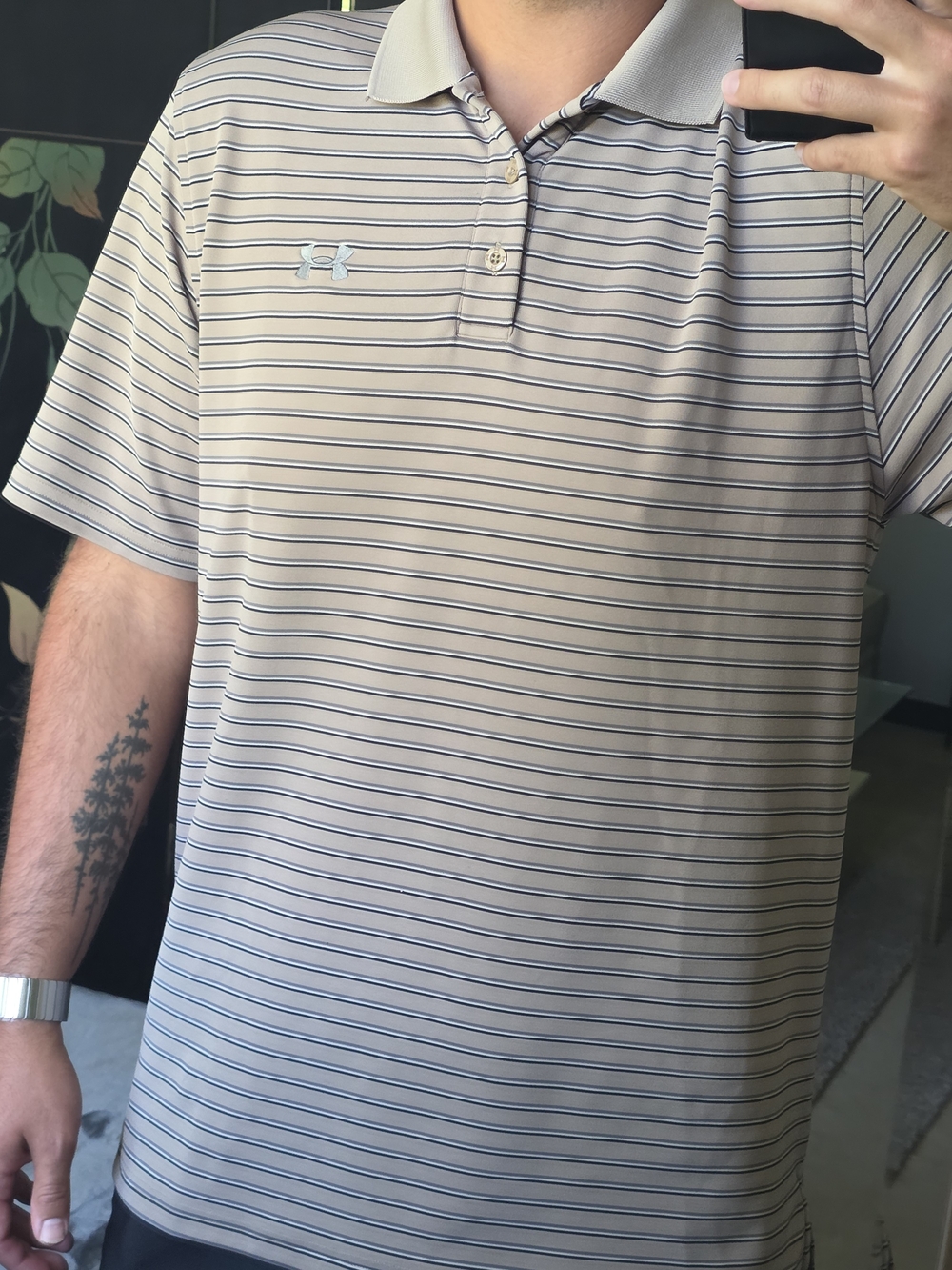 Under Armour Men's HeatGear Beige Striped Polo Shirt SZ Large Golf